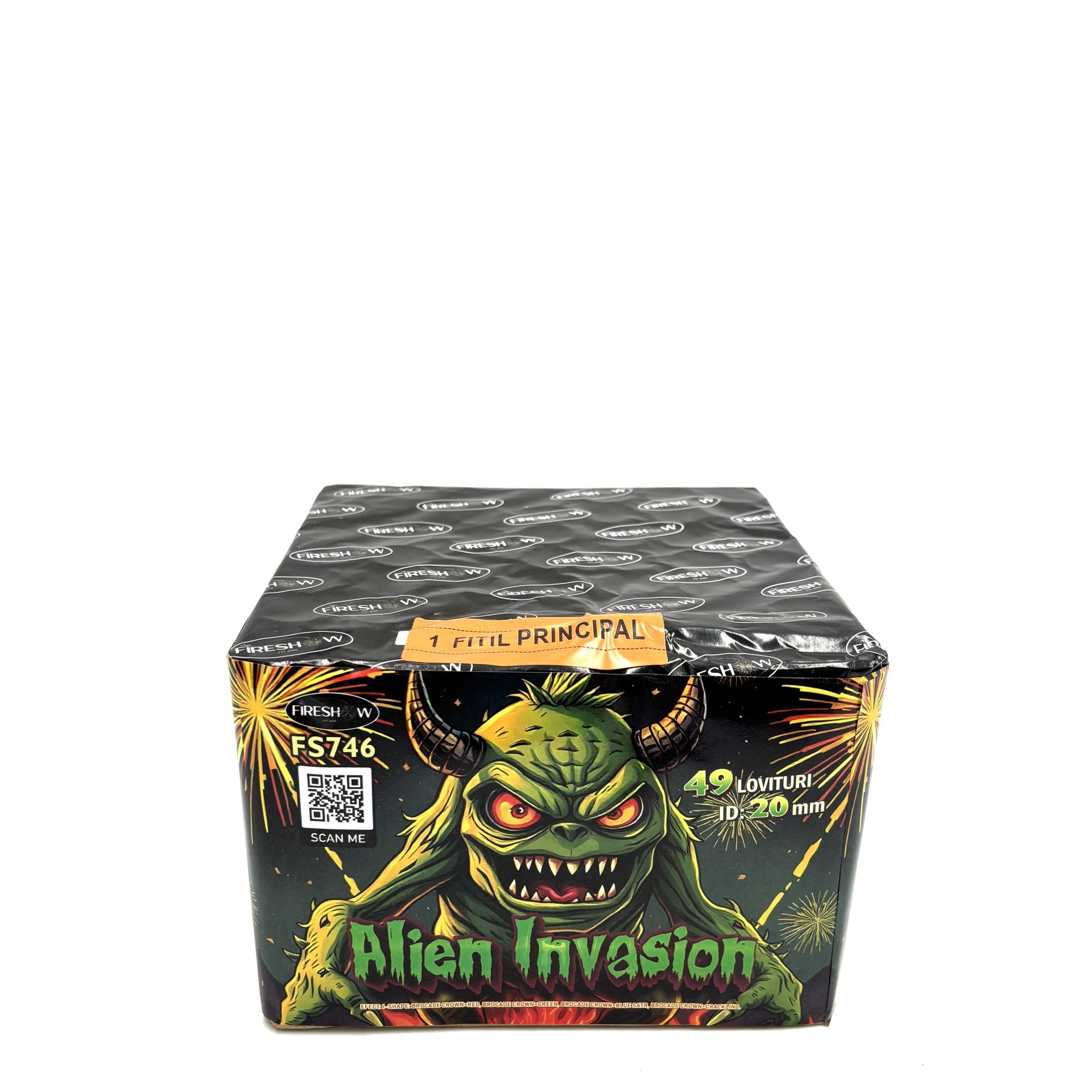 Alien Invasion tűzij&aacute;t&eacute;k telep 49 l&ouml;v&eacute;ssel, 20 mm kaliberrel, sci-fi hangulat&uacute; f&eacute;nyrobban&aacute;sokkal