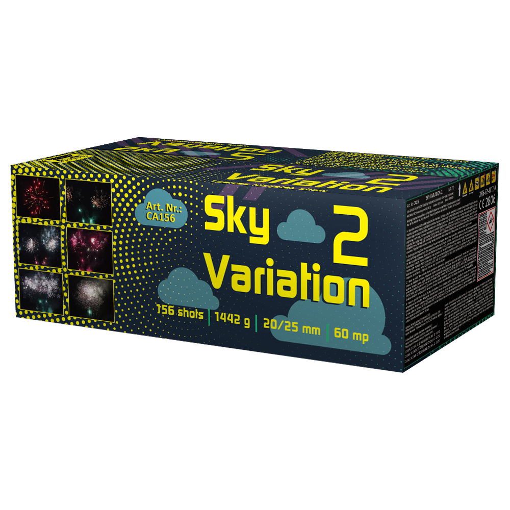 Sky Variation 2 tűzij&aacute;t&eacute;k telep &ndash; 156 l&ouml;v&eacute;s, 20/25 mm kaliber, v&aacute;ltozatos f&eacute;nyhat&aacute;sokkal