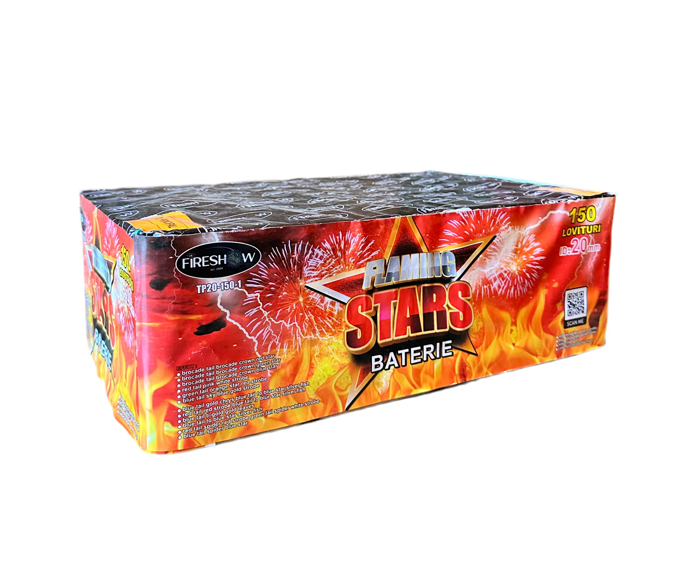 Flaming Stars tűzij&aacute;t&eacute;k telep 150 l&ouml;v&eacute;ssel, 20 mm-es kaliberrel, Fireshow m&aacute;rk&aacute;t&oacute;l