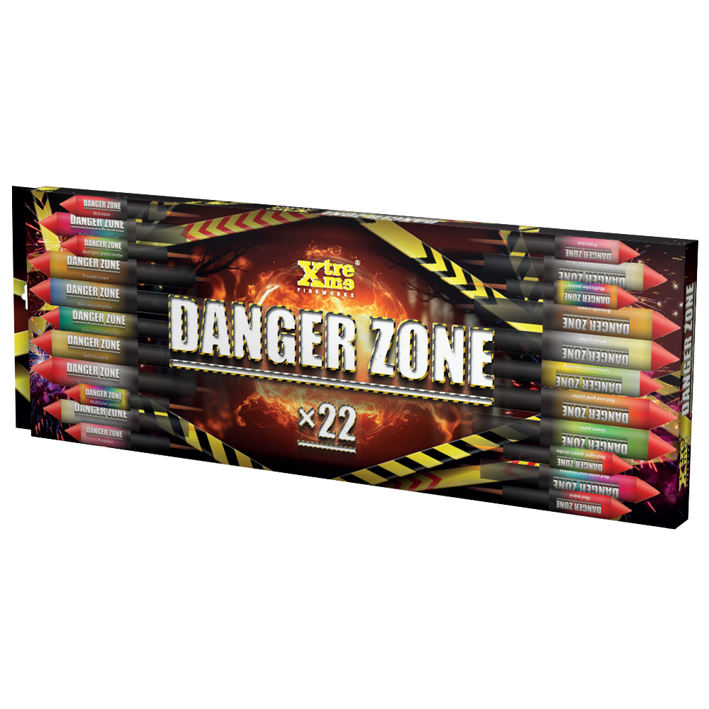 RP50 Danger Zone rak&eacute;tacsomag &ndash; 22 rak&eacute;ta, 25 mm, 38 mm &eacute;s 42 mm kaliber, sz&iacute;nes &eacute;s glitteres effektekkel